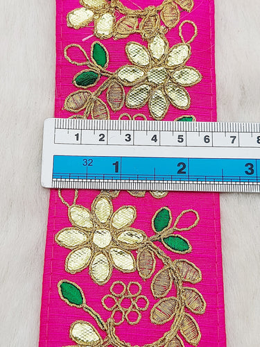 Fuchsia Pink Art Silk Fabric Trim, Green & Gold Floral Embroidery Gota Patti Indian Sari Border Trim By Yard Decorative Trim Craft Lace